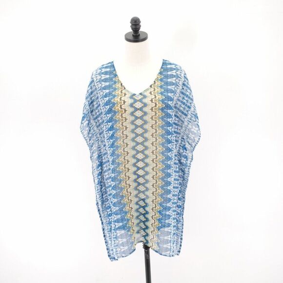 O'Neil Blue Tan Bali Ikat Print Beach Cover‎ Up Top V-Neck Medium - Picture 1 of 9